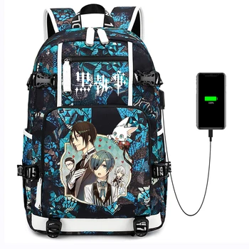Anime Čiernom Butler Batoh Plátno USB Nabíjanie Zips Bežné Školské tašky Taška cez Rameno Mochila Laptop Taška Cestovná Taška Batoh