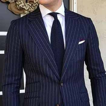 Císař Slim Fit Muži Obleky pre Formálne Svadby Smoking Drážkou Klope 2 Kus Námornícka Modrá Pruhované Business Ženícha Male Móda