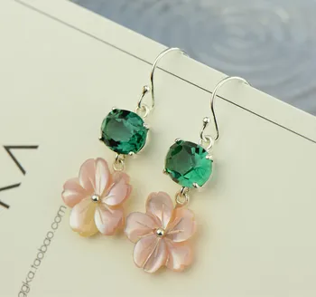 Nový produkt S925 Striebro Mozaiky Cherry Blossom shell náušnice green crystal eardrop elegantné ženy krásne dlhé eardrop
