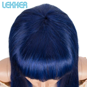 Lekker Kráľovská Modrá Dlhé Rovné Ľudské Vlasy, Parochne S Ofinou Brazílsky Remy Vlasy Glueless Bob Pre Ženy Stroj Vyrobený Módne Parochňu