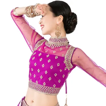 Indický Tanec Oblečenie Žien, Dlhý Rukáv Drahokamu Výšivky Multicolor Gázy Topy Saree Tričko Brušného Tanca Oblečenie