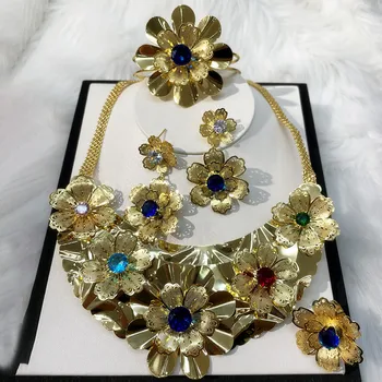 Dubaj Svadobné Šperky Set Pozlátený Kamene Kvet Afriky Náhrdelníky Náušnice, Prsteň Príslušenstvo Dámy Módne Svadobné Šperky Set