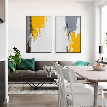 Sada 2 Moderné abstraktné Sivá Žltá, Hnedá, Ručné maľovanie na plátno na stenu umenie fotografie pre obývacia izba decoracion stene plagát