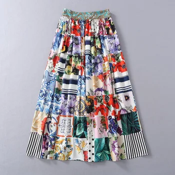 ženské Európske a Americké oblečenie nové 2021 jar skladaná sukňa s retro tlač patchwork vzor