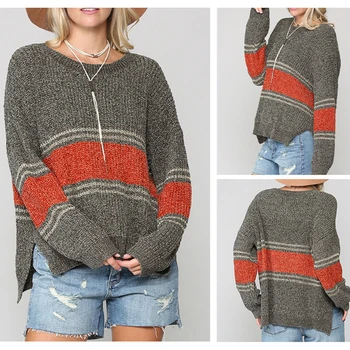 Pruhovaný sveter žien jesenné a zimné nové ženilkové kontrast prúžok split zrastov ostrihané sveter OL kawaii oblečenie bežné top