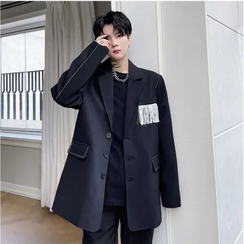 Muži Strapec Line Voľné Módne Ležérne Sako Vyhovovali Kabát Celebrity Streetwear Kórea Trend Sako Blejzre