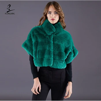 FURSARCAR 2021 Ženy Zimné Rex Králik Kožušiny Jacke Skutočné Prírodné Kožušiny Outwear Krátke Tenké Zelené Králik Kožušinový Kabát s Golierom