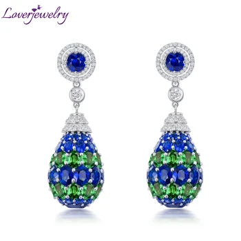 LOVERJEWELRY Luxusné Šperky Pevné Biele Zlato 18KT Blue Sapphire Drop Náušnice Tsavorite Diamond Náušnice Pre Ženy, Strán, Svadby