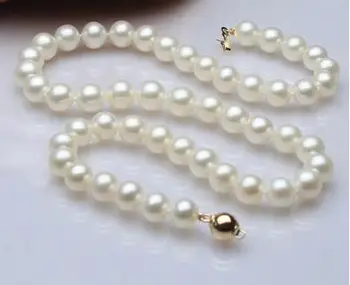 17INCH ZLATÁ SPONA OBROVSKÝ skutočné AAAA 9-10 mm biela umelo pestované perly náhrdelník Vznešený štýl, Prírodné Jemné