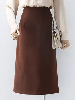 Vintage Vlna Ženy Sukne Jeseň Nové Vysoký Pás Pevné Rovné Podkolienok Lady Elegantné Oblečenie Najvyššej Kvality
