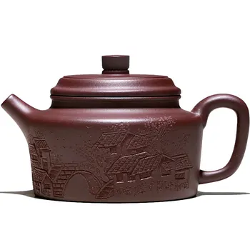 ★Dva ťahy] Yixing fialová hliny kanvica Qiangji ľudí, ručné domácnosti čaj nastaviť staré fialová hliny, reliéf Dezhong 260cc