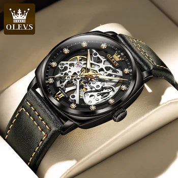 OLEVS Luxusné Pánske Čierne Kožené náramkové hodinky Víno Barel Módne Duté Vodotesné Hodinky Business Mens Trend Steampunk 6651
