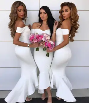 Nová Biela Vysoká Nízka Afriky Bridesmaid, Šaty Off Rameno Bez Rukávov Morská Víla Formálnej Strany Plášte Maid Of Honor Šaty 2020