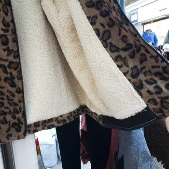 Leopard Módy Tlače Spájať Denim Kabát Ženy Jeseň Zima Voľné Hrubé Teplá Bunda Na Zips Bežné Celý Rukáv Vrchné Oblečenie Žena