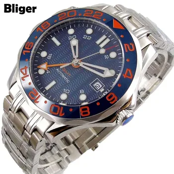 BLiger 41mm GMT 3804 Automatické hodinky mužov zafírové sklo nepremokavé modrá dial dátum keramická fazeta SS náramok červenej značky B312