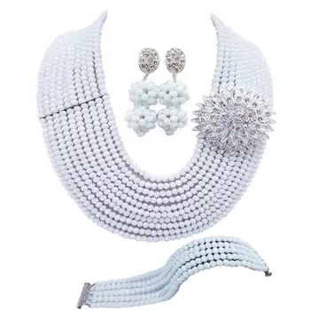 Najnovšie biela afriky svadobné korálky 10 strand náhrdelník nigérijský šperky set 10C-DS-02