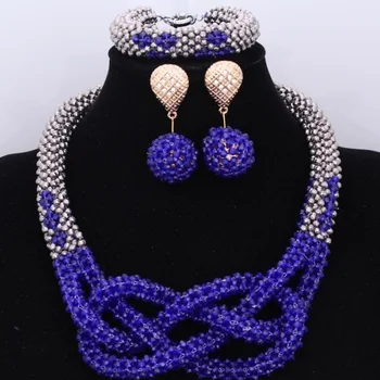 2018 Dubaj Silver A Kráľovská Modrá Afriky Korálky Šperky Sady Nigérijský Svadobný Náhrdelník Šperky Sady Pre Ženy Doprava Zadarmo Najnovšie