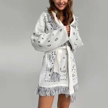 2021 Jeseň Zima V Krku Voľné Tlač Pletený Sveter Ženy Vintage Cardigan Pletené Strapec Voľné Kabát Y2k Bežné Sveter