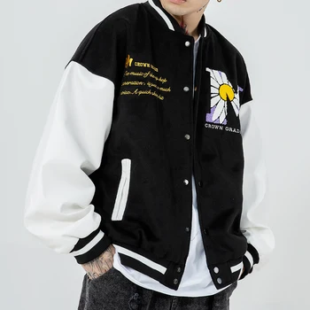 2020AW Hip Hop Patchwork Tlačidlo Bundy Pánske Harajuku Streetwear Výšivky Daisy Bee Bombardér Bunda Baseball Coats