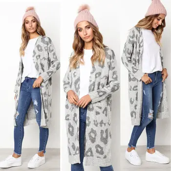 Ženy leopard pletené dlhý sveter s dlhým rukávom sveter kabát pre ženy ženy 2019 jeseň nové outwear coats ženy jeseň