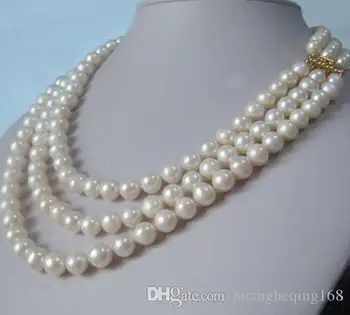 Hot predaj 3 riadok prírodné 9-10 mm akoya white pearl náhrdelník 18-palcové 19 palcový 20-palcový doprava zadarmo