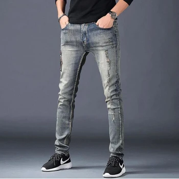 Vysoko kvalitné pánske slim fit džínsové nohavice street fashion výšivky roztrhlo špinavé modré džínsy trendy, sexy núdzi ležérne džínsy;