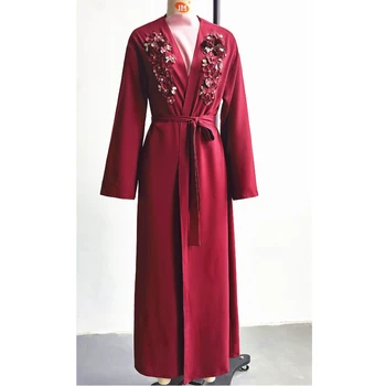 Dubaj Ženy Moslimských Otvoriť Kimono Arabských Jilbab Ramadánu Dlhé Šaty Flower Appliques Cardigan Luxusné Strana Večer Kaftan Župan Móda