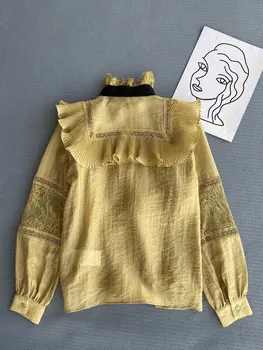 Nové módne dámy 2021 dlhý rukáv sexy bežné luk čipky rozstrapatené tričko 1211