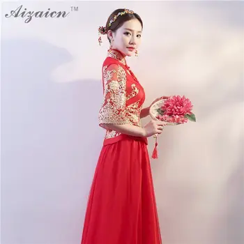 2020 Nové Červené Čínske Svadobné Šaty Qipao Strapec Výšivky Cheongsam Čína Nevesta Vziať Vintage Šaty Qi Pao Ženy Orientale Župan