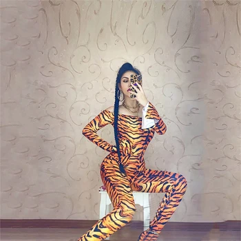 Ženy Gogo Dance Kostýmy Tiger Tlač Split Dlho Jumpsuit Fáze Kostým Žena nočný klub Bar Pól Tanec Rave Oblečenie DN8790