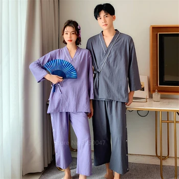 Japonský Lepšiu Tlačidlá Yukata Kimono Dospelých Na Jar Príležitostné Voľné Bavlnená Posteľná Bielizeň Oblečenie Pre Voľný Čas Kvalitný Jednoduché Jednofarebné Pyžamá