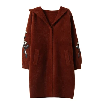 Nové Imitácia Noriek Cashmere Kabát Ženy Dlho Outwear Umelú Kožušinu Kabát Na Jeseň Zima Vyšívané Teplé Kapucňou Vody Velvet Bunda 1523
