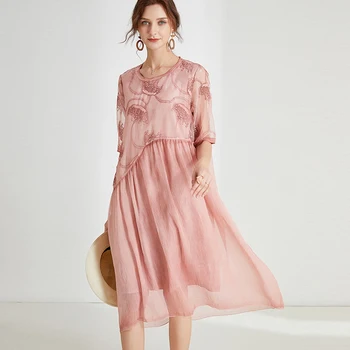 Letné nové dámske Elegantné šaty voľné módne Šifón patchwork vyšívané šaty okrúhlym výstrihom, krátky rukáv, vysoký pás veľká veľkosť
