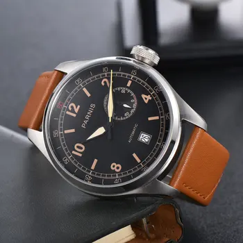 PARNIS 48 mm Automatické pánske Náramkové hodinky Power-rezerva displej Black Dial Auto Dátum 2C30 Pohyb veľké tvár kožený remienok