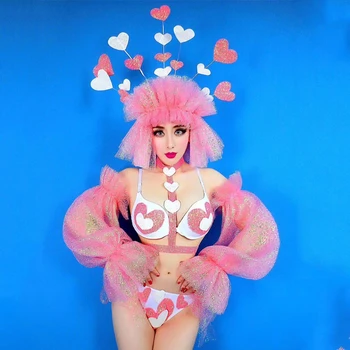 Nočný klub GOGO Dance Kostým Bikini Pokrývky hlavy Žena Spevákov Nosenie Výkon Lístkového Rukávy Nastaviť Rave Valentine Festival Oblečenie