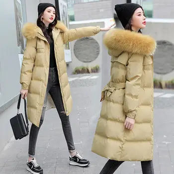 Zimné ženy parkas 2022 módne teplé plyšové tenký kabát žena teplé kapucňou pás farbou bežné bundy ženy dole kabát