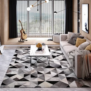 Nordic čierna, biela a šedá trojuholníky prírodné cowhide kože, kožušiny koberec pre obývacia izba, veľká veľkosť dekorácie office koberec