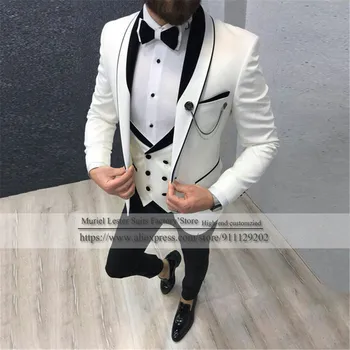Najnovšie Kabát Nohavice Vzory Biele pánske Obleky Pre Svadby Ženích Sako Smoking Slim Fit Obchodné Muž Groomsman Terno Masculino 2021