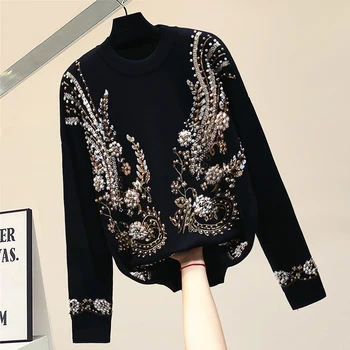 Nový Ťažký priemysel Korálkové petal cocoon typ Pulóver Sveter sveter ženy s voľnými top fashion
