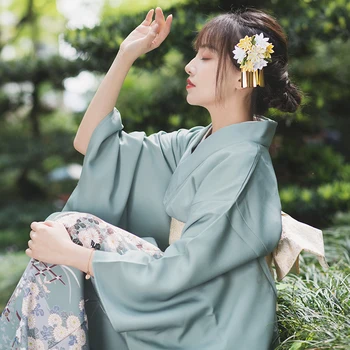 Ženské Tradičné Japonské Kimono Krásna Modrá Farba Žeriav Vytlačí Klasické Yukata Fotografie Šaty Cosplay Kostým