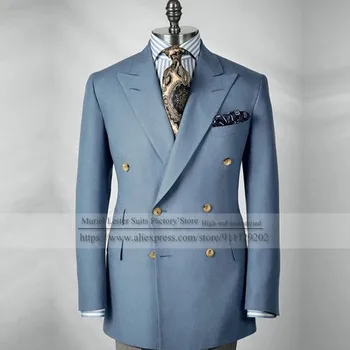Pekný Modrý Muži Obleky Ženícha Tuxedos Široký Klope Dvojité Breasted Bunda Fit Slim Formálnej Strany Dlho Outwear Na Business Sako