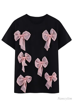 Ružová Luk Patch Voľné Krátke Sleeve T-shirt pre Ženy 2021 Letné Top Oblečenie Nové Všetky Zodpovedajúce Čierny Čaj Košele Nancylim