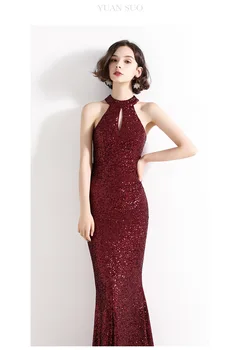 21 luxusný dizajn svetlo luxusné high-end flitrami módne, elegantné dlhé šaty bez rukávov temperament sexy tenkým hrdlom spoločenské šaty