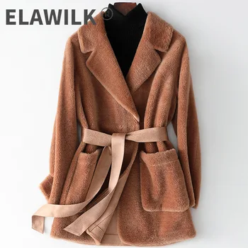 2021 Jeseň Fashion Ženy Vysoká kvalita Vlny kožušiny kožený kabát Hot Elegantné vrecká pás Vlny kabát C560