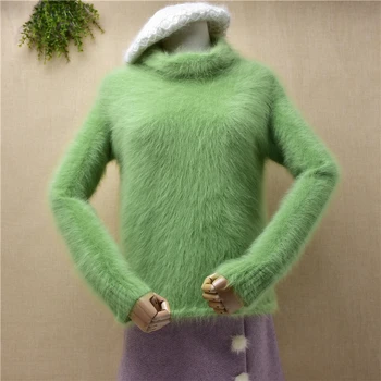 Dámy ženy módy zelené, chlpaté plyšové noriek cashmere pletené s dlhými rukávmi ostrihané turtleneck tenké blúzky, pulóvre angora sveter