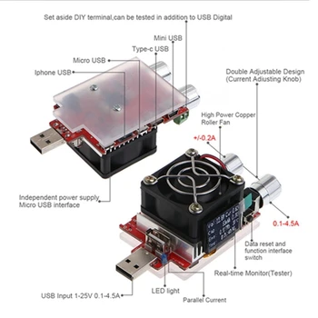USB Port Nastaviteľné Konštantný Prúd Elektronické Záťaže, 35W Výboj Elektriny Test Nástroj s LCD