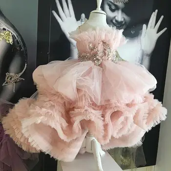 Ružová plesové Šaty, Baby Girl Šaty na Narodeniny Korálkové Opuchnuté Dievčatká Sprievod Šaty Batoľa, Prvé sväté Prijímania, Plášte Foto
