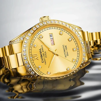KARNEVAL Módne Značky Gold Automatické Hodinky Mužov Luxusné Nepremokavé 30 M Business Kalendár Mechanické Náramkové hodinky Relogio Masculino