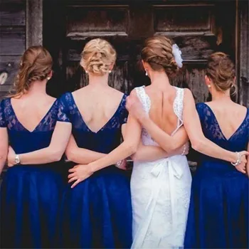 Kráľovská Modrá Čipky Bridesmaid, Šaty 2019 Krátky Rukáv Riadok Koleno Dĺžke Jednoduchý Svadobný Hosť Šaty Lacné Svadobné Party Šaty