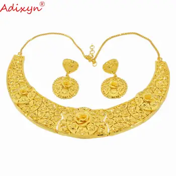 Adixyn Dubaj Kvetinový Náušnice/Náhrdelník Šperky set pre Ženy, Svadobné 24k Gold Farby Afriky Svadobné Šperky Indickej Ženy N07189